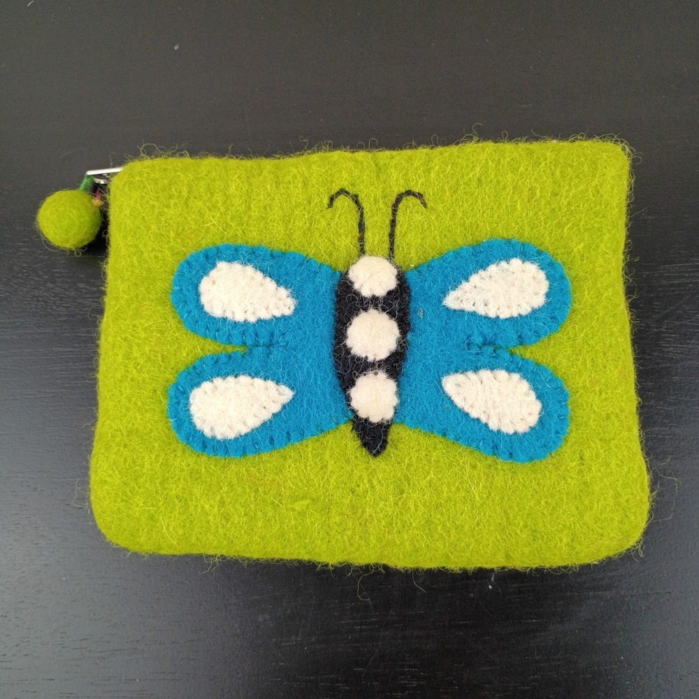 BNB 100% Wool Butterfly Coin Purse Lime Green Blue Felt Pouch Made in Nepal